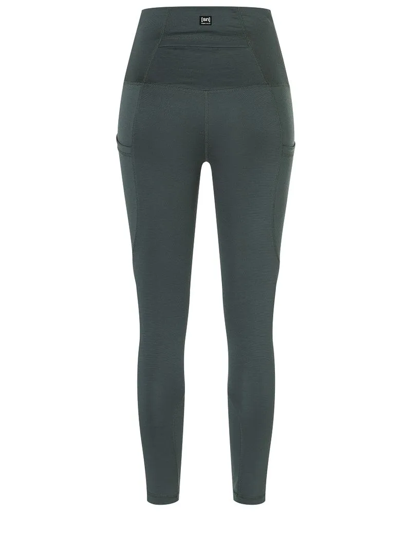 Dunkelgrüne, eng anliegende Sport-Tights mit hohem Bund und Seitentaschen.
