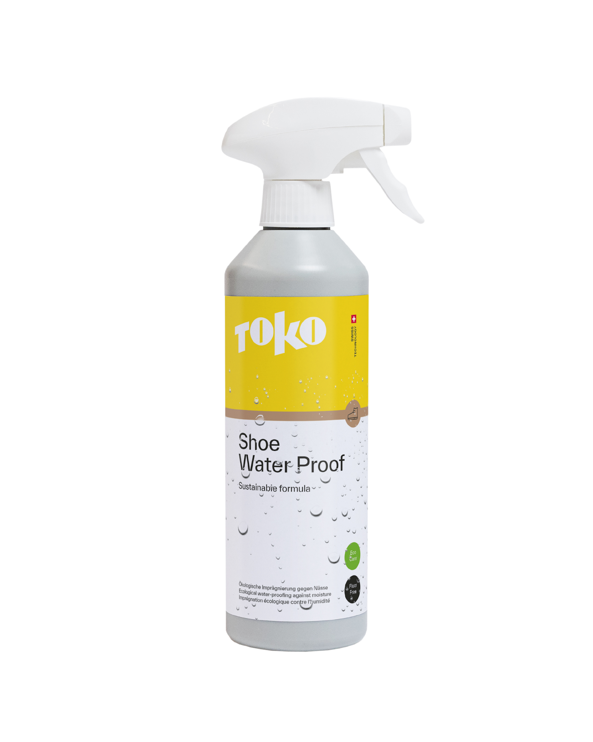 Graue Sprühflasche "TOKO Shoe Water Proof" mit weißem Sprühkopf und gelb-weißer Beschriftung.