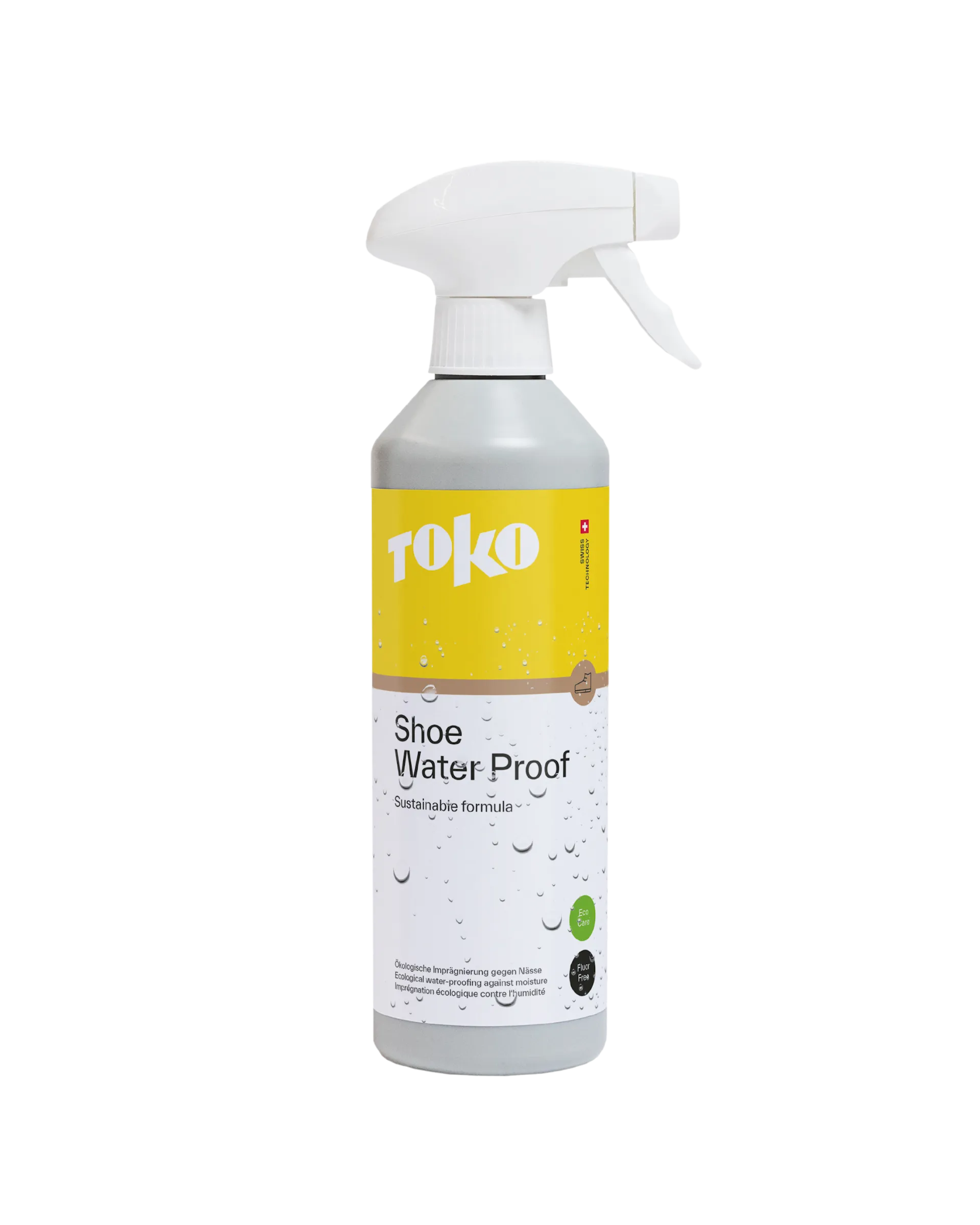 Graue Sprühflasche "TOKO Shoe Water Proof" mit weißem Sprühkopf und gelb-weißer Beschriftung.