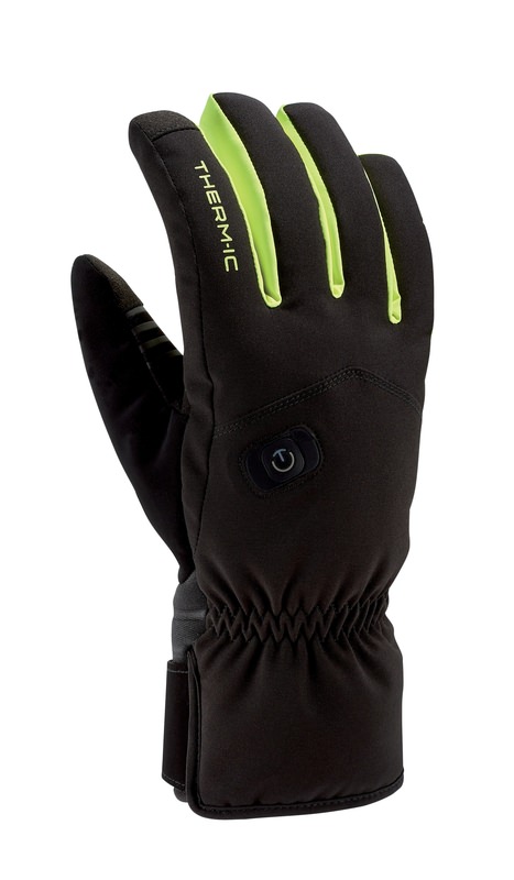 Nahaufnahme eines schwarzen Therm-ic Powerglove Light +, Handfläche nach vorn, mit grünen Akzenten an den Fingern.