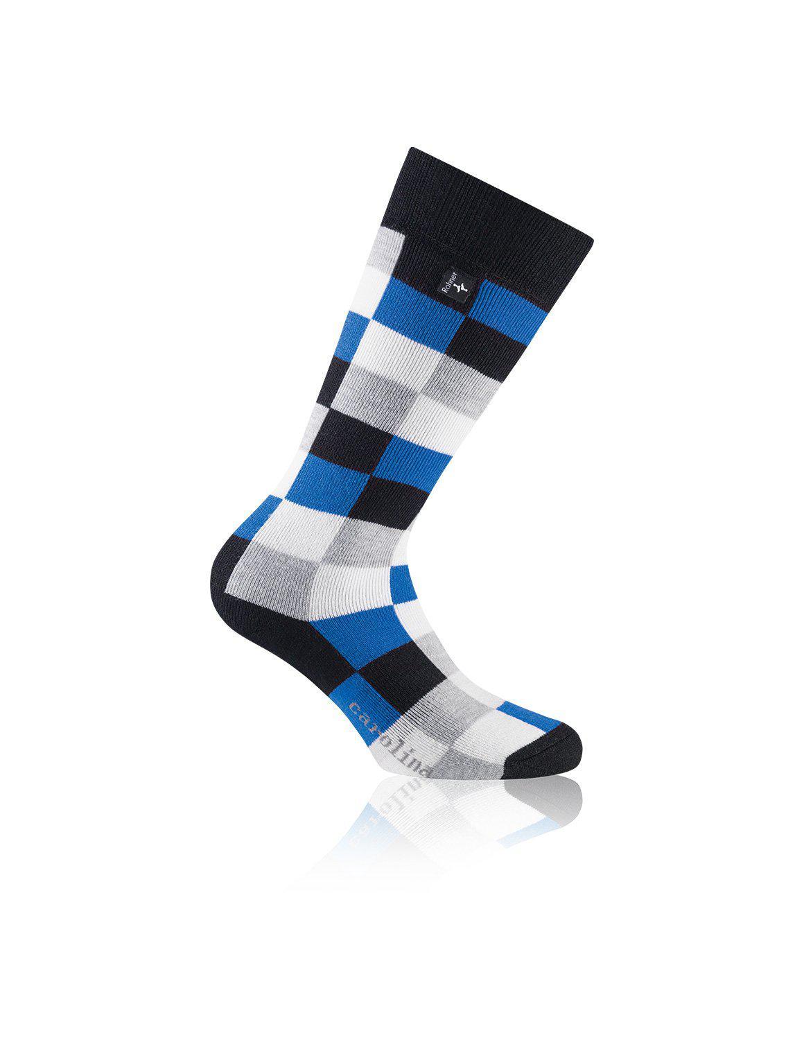 Eine dunkelblaue Rohner Ski Kids Socke mit Karomuster in Blau, Grau und Weiß.