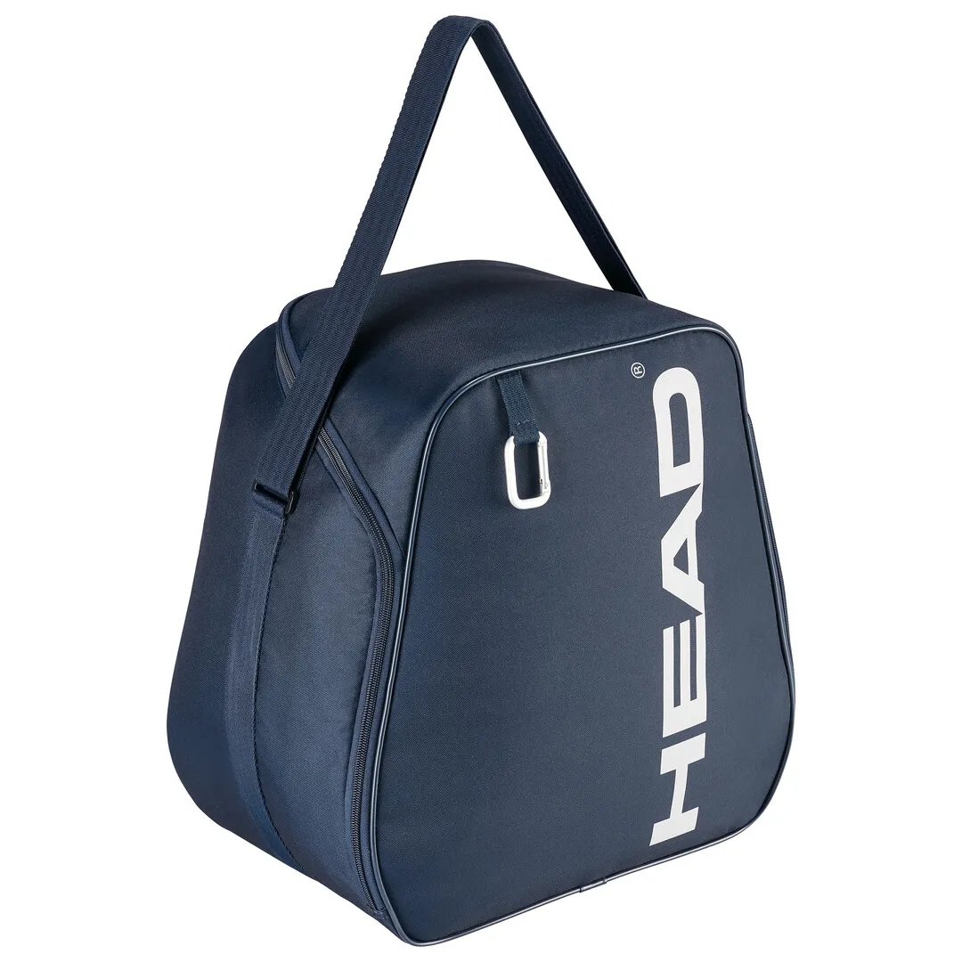 Blaue Head Bootbag mit Schultergurt und weißem Logo. Karabinerhaken für Accessoires.