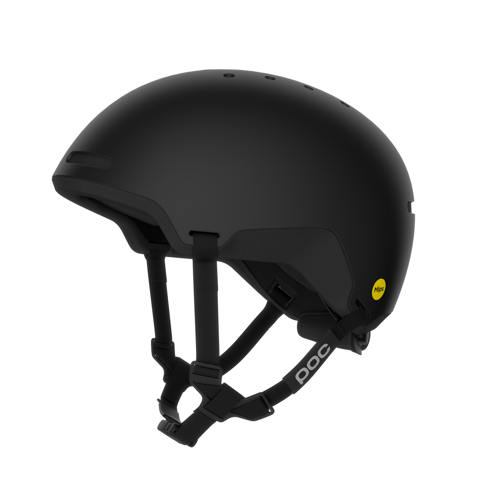 Schwarzer POC Calyx Helm, multifunktional für Ski, Bergsteigen und Radfahren. Gurte und Mips-Sicherheitsaufkleber sichtbar.