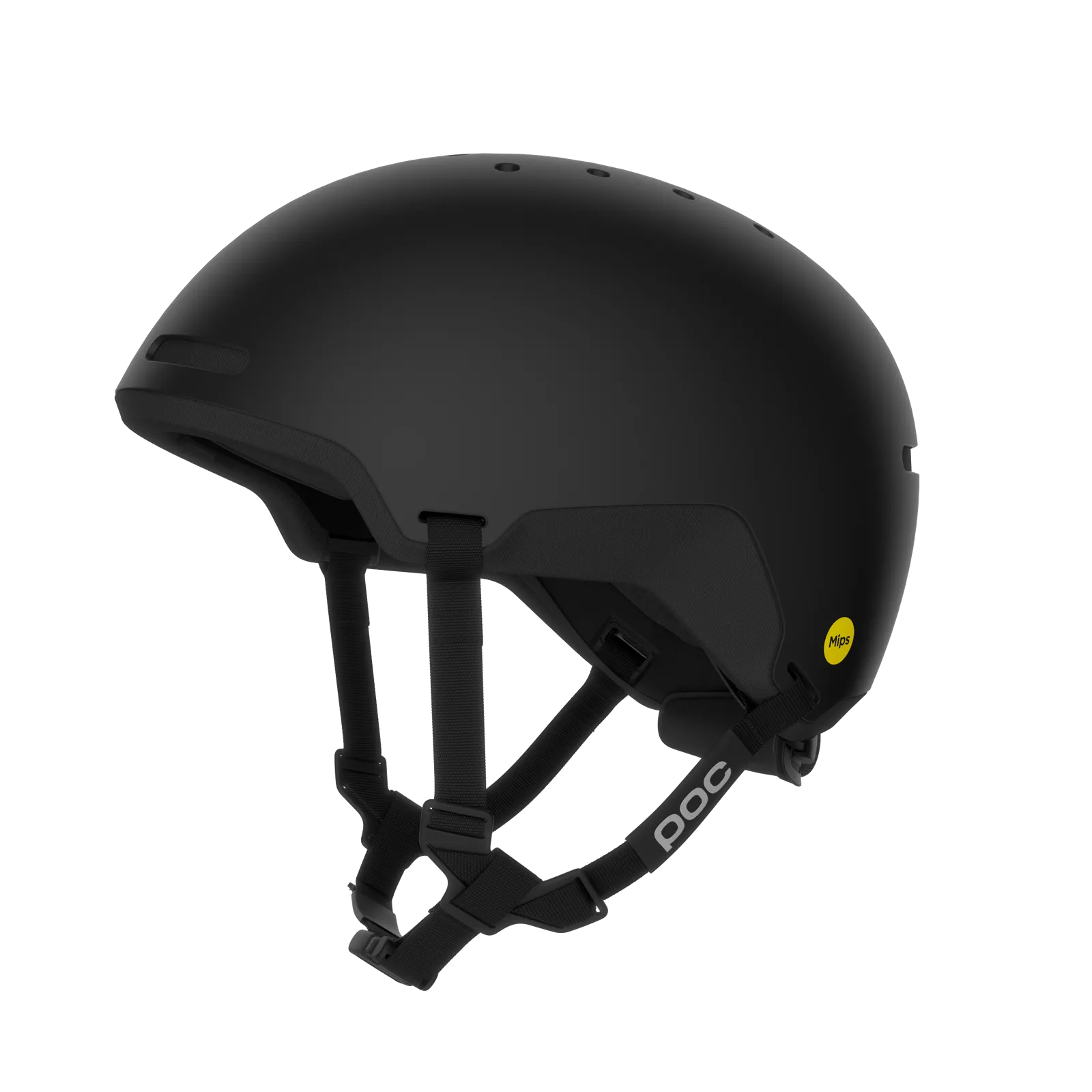 Schwarzer POC Calyx Helm, multifunktional für Ski, Bergsteigen und Radfahren. Gurte und Mips-Sicherheitsaufkleber sichtbar.