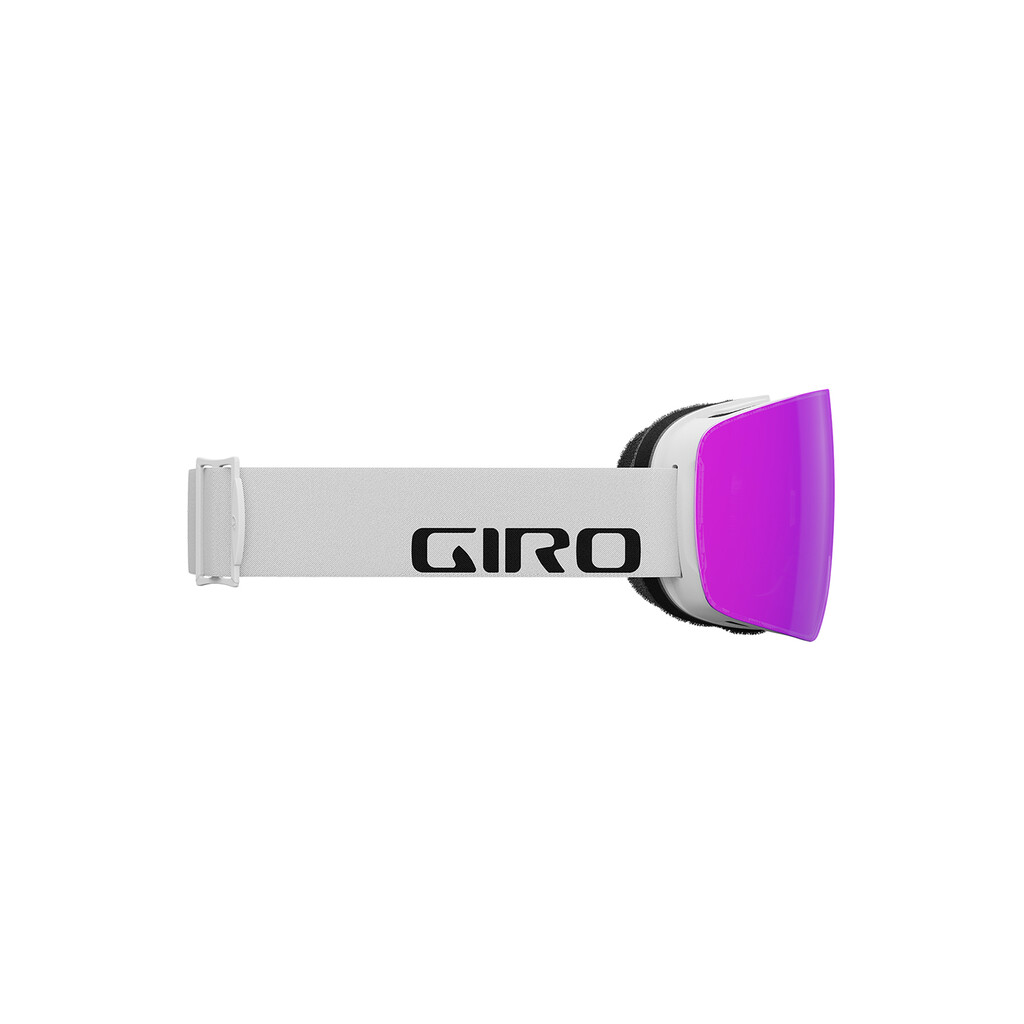 Weiße Giro Contour RS Vivid Skibrille mit pinkfarbener Linse, seitliche Ansicht.