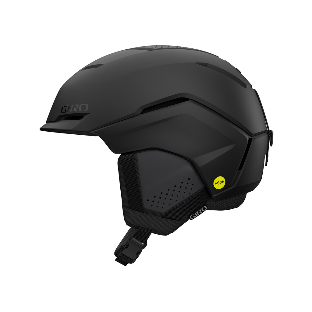 Mattschwarzer Giro Tenet MIPS Skihelm, seitliche Ansicht mit Kinnriemen und MIPS Logo.