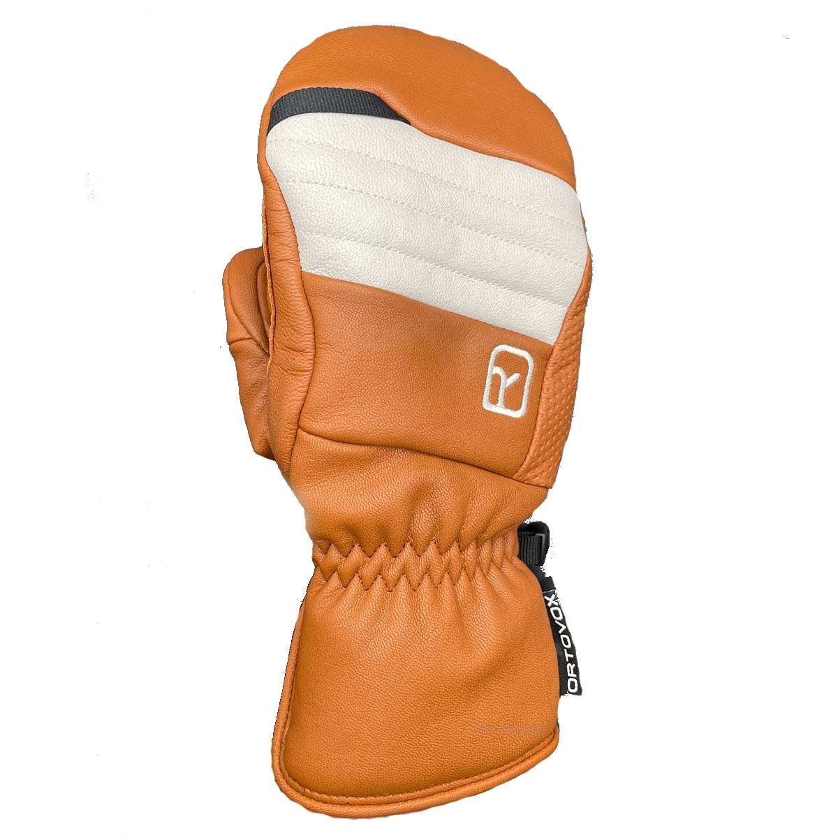 Nahaufnahme: Ortovox Full Leather Mitten in Bristle Brown. Lederfausthandschuh mit weißem Einsatz und Markenlogo.