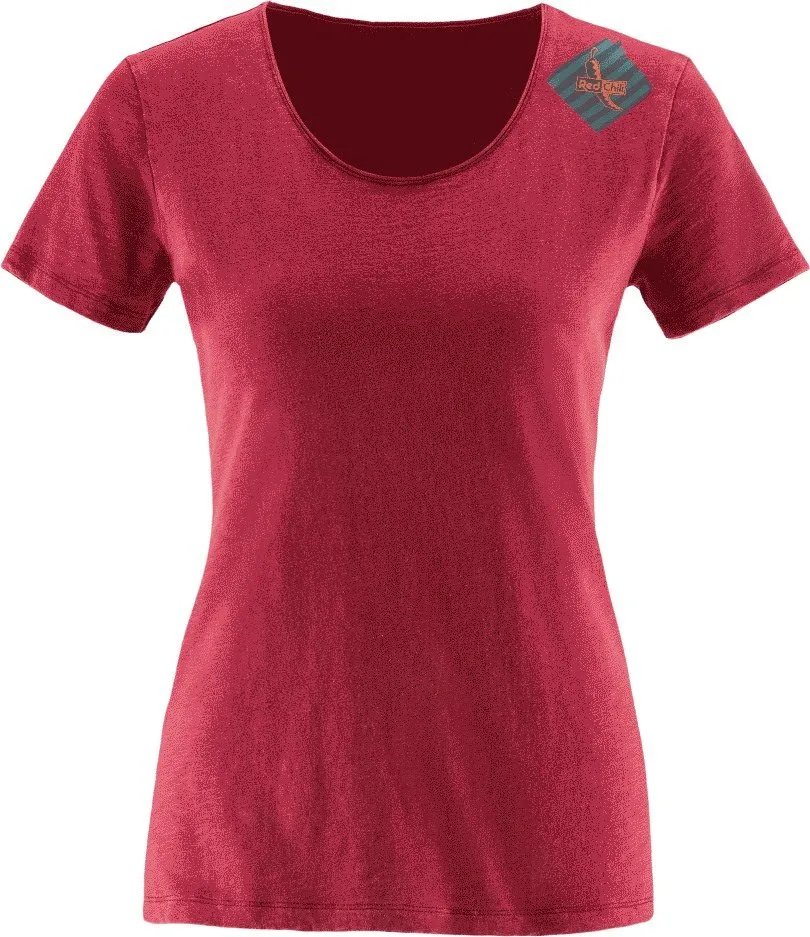 Rotes NOE 17 Damen T-Shirt mit Rundhalsausschnitt, Frontansicht. Aufgedrucktes Logo oben rechts.
