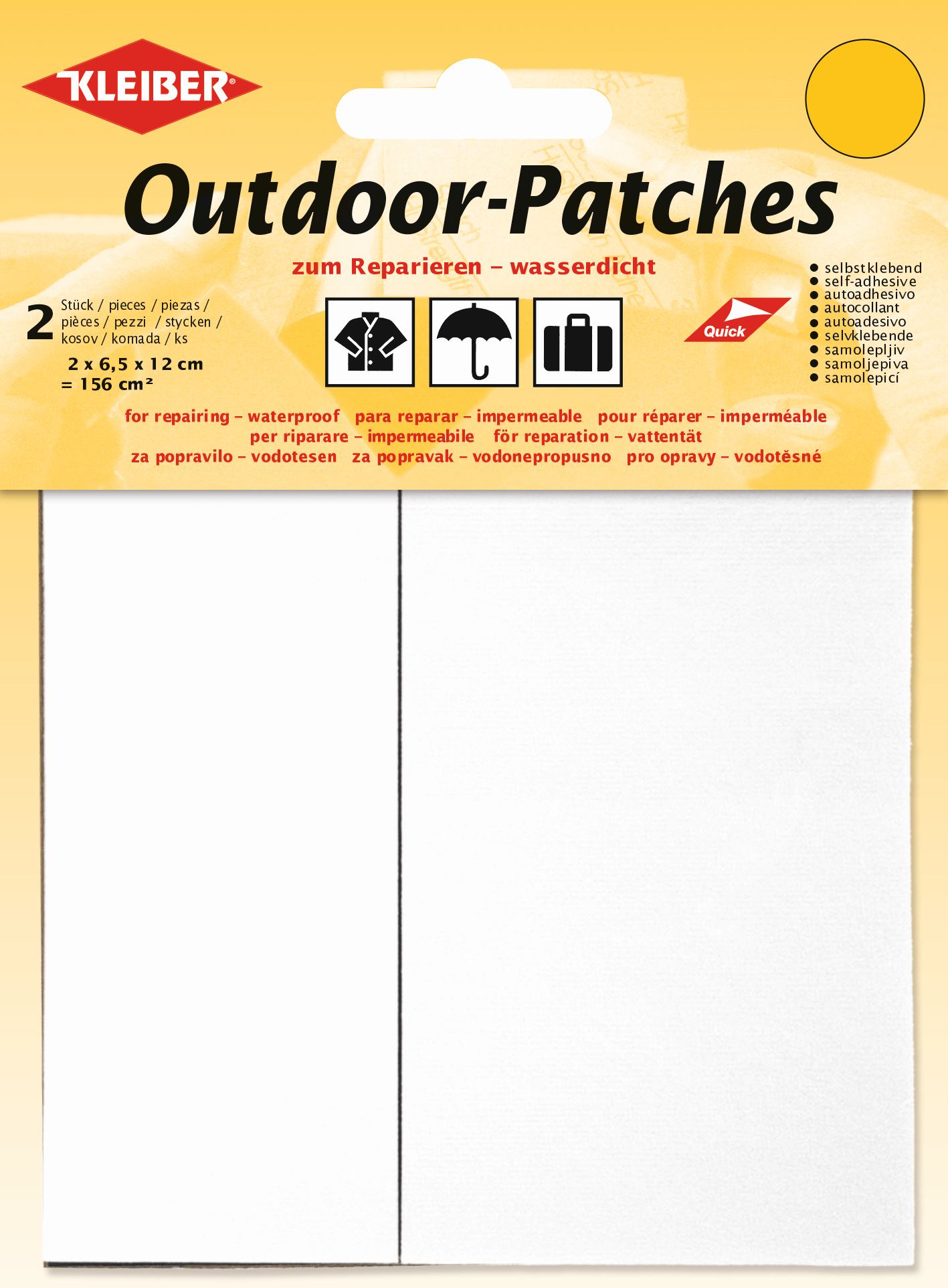 Verpackung für Outdoor-Patches zum Reparieren, wasserdicht, selbstklebend, mit Symbolen für Kleidung, Regenschirm und Koffer.