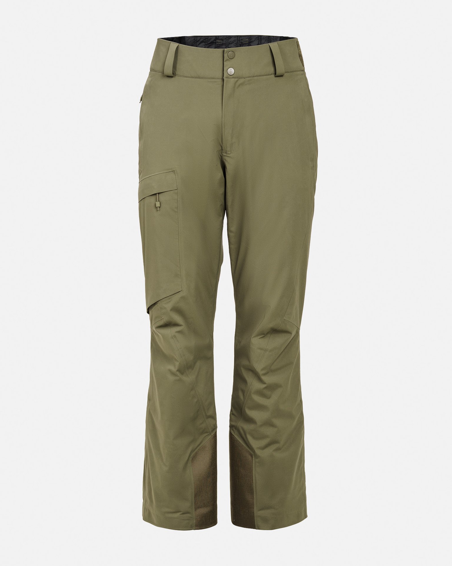 Wintermoosfarbene P-1 GORE-TEX 2L Stretch Insulated Hose, frontal auf weißem Hintergrund, mit Cargotasche und verstärkten Beinenden.