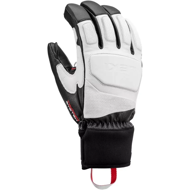 Schwarzer und weißer Handschuh, Handfläche weiß, Finger schwarz, Bündchen schwarz, rote Schlaufe.