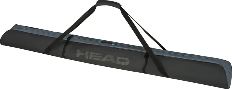 Grauer Head Single Skibag 195cm mit Tragegurten und Reißverschluss mit türkisen Details.