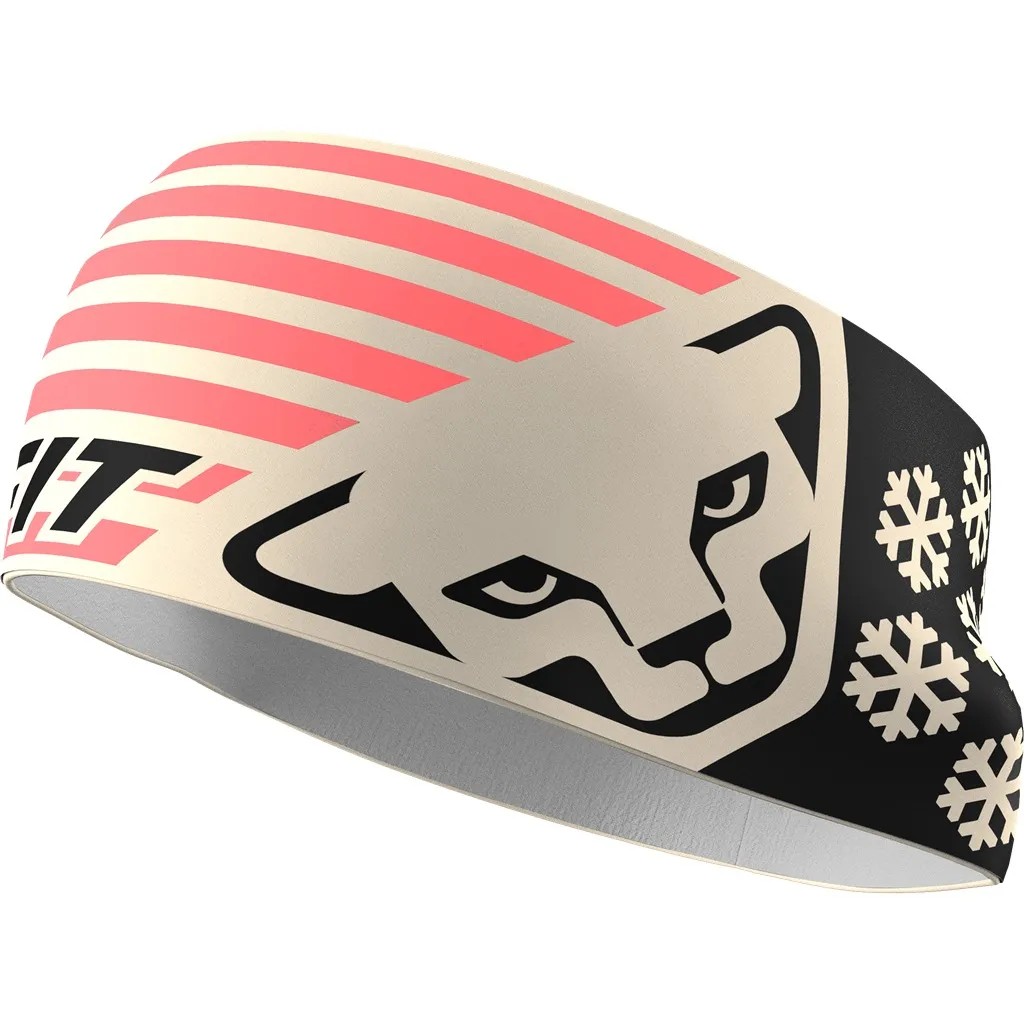 Stirnband "Overcast Flag" mit Streifen-, Schneeflocken- und Katzenkopf-Motiv in Beige, Schwarz und Rot.
