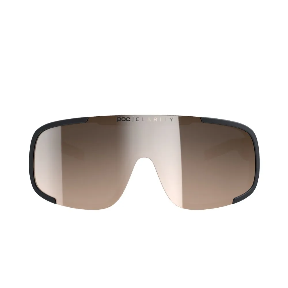 Schwarze POC Aspire Mid Sportbrille mit braun-silber verspiegelten Clarity Gläsern in Frontansicht.