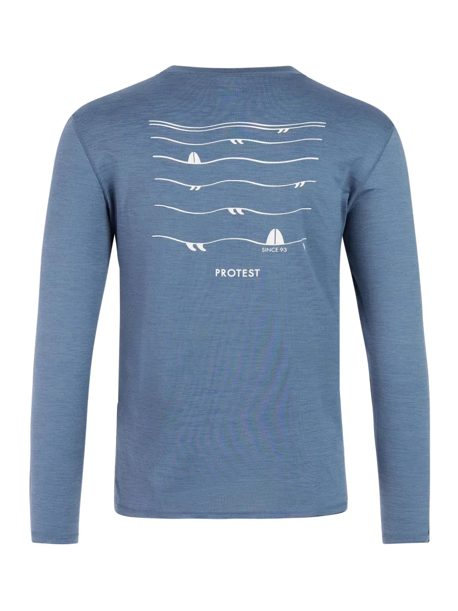 Blaues Langarmshirt mit weißem Wellen- und Surfbrettmuster auf dem Rücken und dem Schriftzug "Protest".
