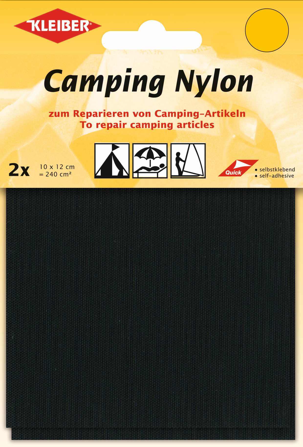 Verpackung schwarzer, selbstklebender Camping Nylon Flicken zur Reparatur von Campingartikeln.