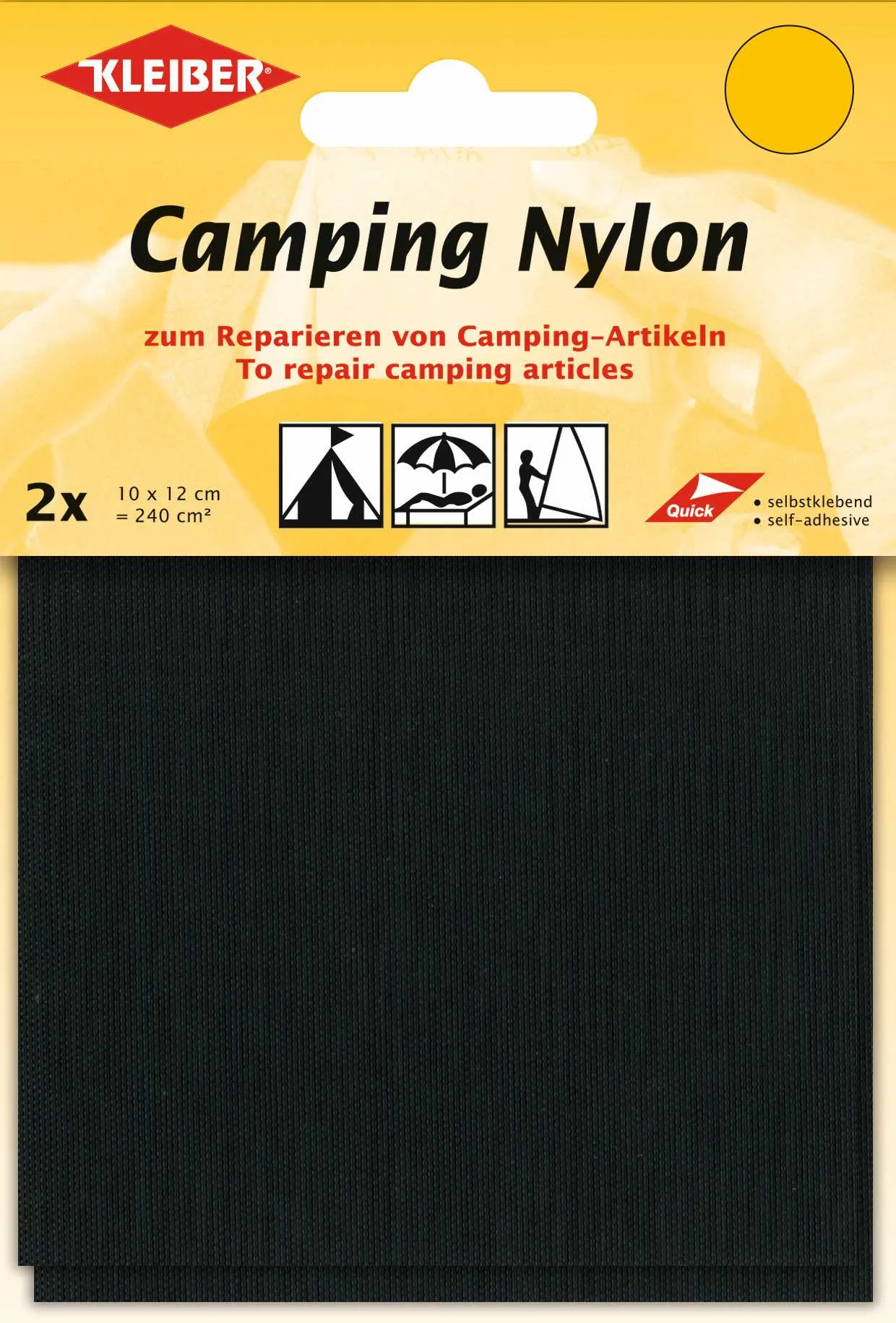 Verpackung schwarzer, selbstklebender Camping Nylon Flicken zur Reparatur von Campingartikeln.