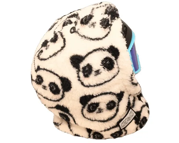 Cremefarbene Kinder-Sturmhaube aus weichem Plüsch, mit schwarzen Panda-Gesichtern. Seitlich ist ein Teil einer Skibrille mit blauem Band zu sehen. Schützt Kopf, Hals und Gesicht vor Kälte, ideal für Wintersport.