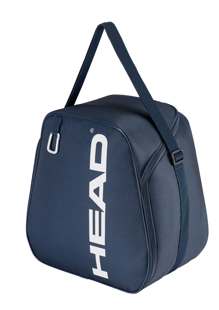 Blaue Head Bootbag Skischuhtasche mit Schultergurt und Tragegriff, Logo seitlich in weiß.