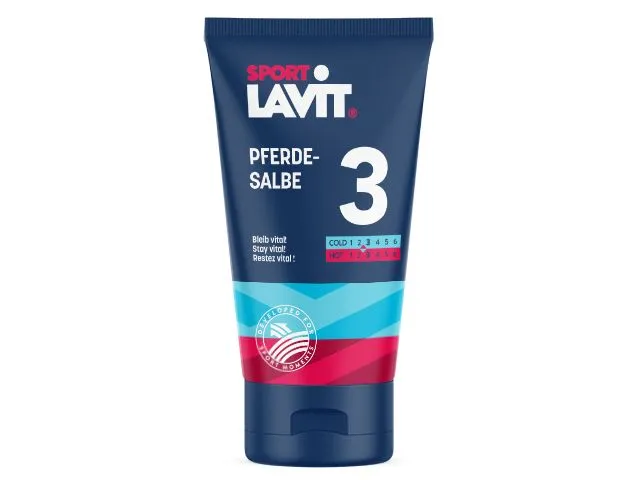 Blaue Tube Sport Pferdesalbe mit kühlenden/wärmenden Effekt.