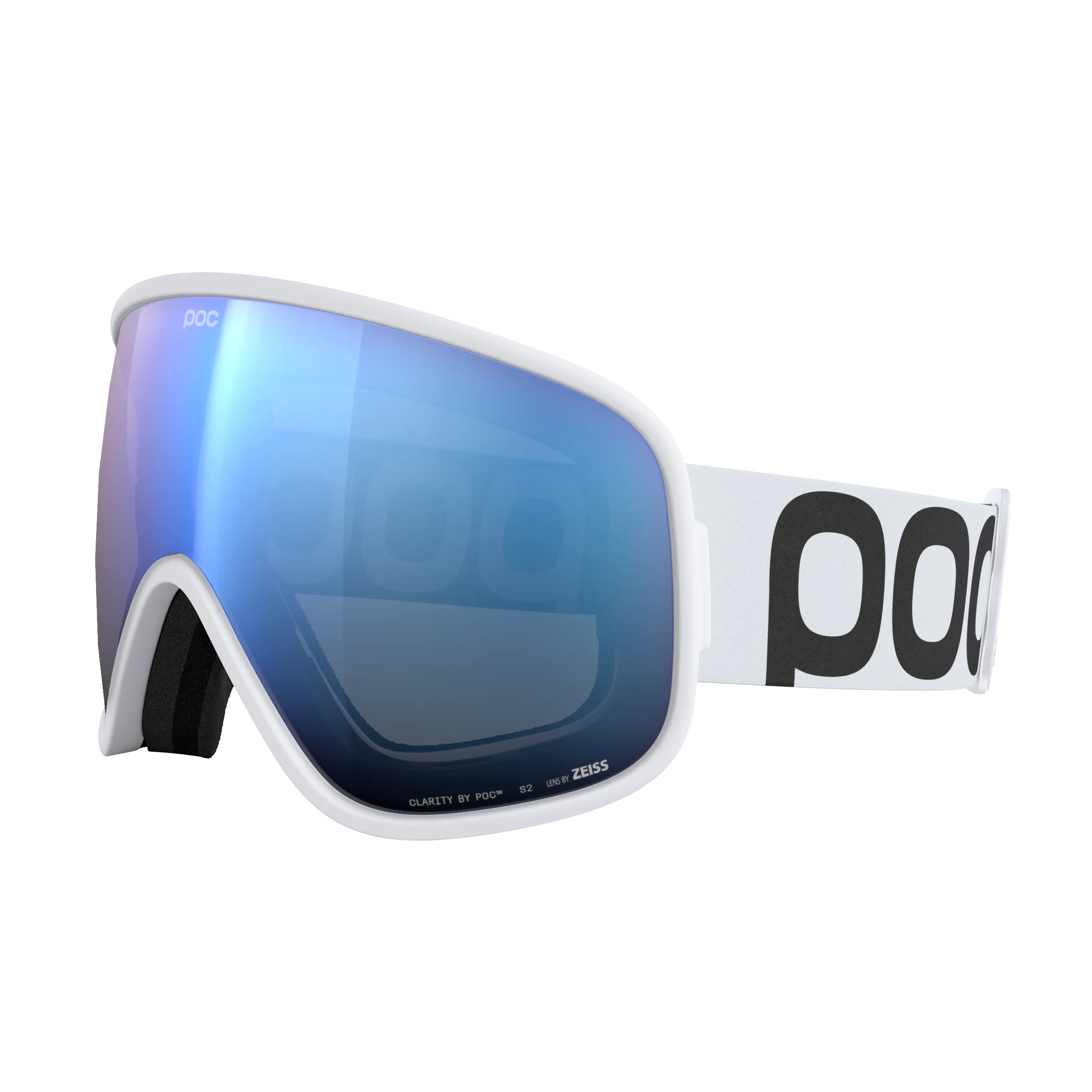 Weiße POC Vitrea Skibrille mit blauer Partly Sunny Blue Linse, seitliche Ansicht.