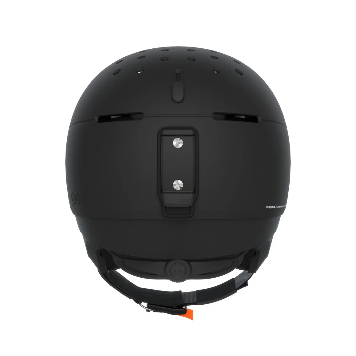 Rückansicht des schwarzen Poc Meninx Skihelms mit Kinnriemen und Belüftungslöchern.
