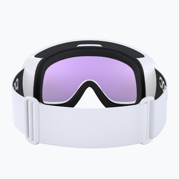 Weiße POC Fovea Brille Frontansicht einer weißen POC Fovea Mid Ski- & Snowboardbrille mit violetter Linse und verstellbarem Band.