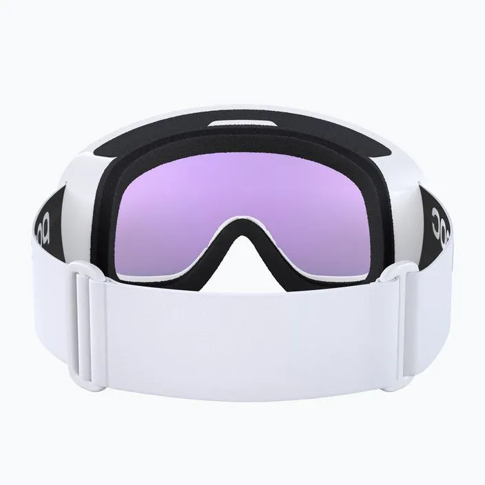 Frontansicht einer weißen POC Fovea Mid Ski- & Snowboardbrille mit violetter Linse und verstellbarem Band.