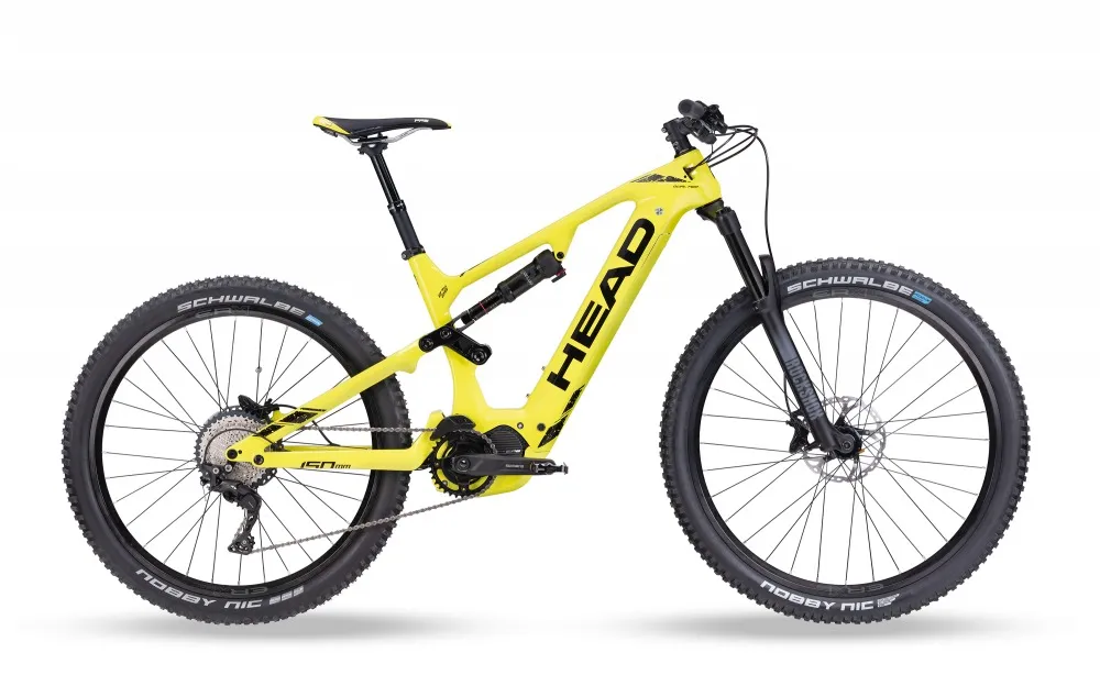 Gelbes Muret II EP8 Carbon E-Mountainbike, Seitenansicht. RockShox Federung, Mullet Wheels und Shimano Bremsen sichtbar.