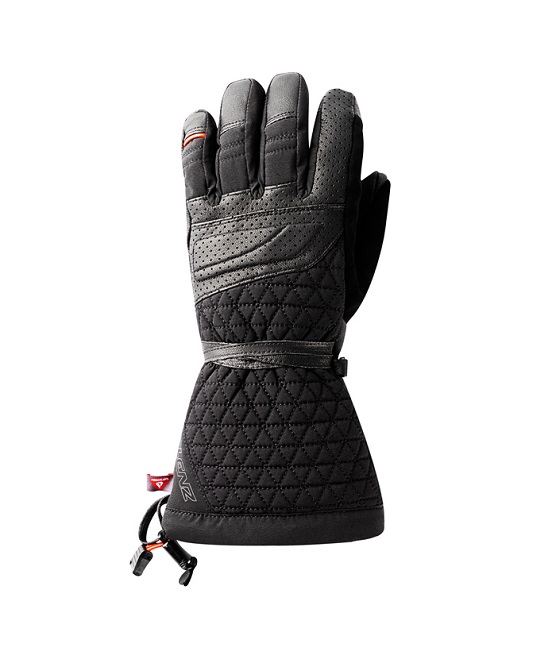 Lenz Heat Glove 6.0 Detailansicht: Schwarzer Lenz Heat Glove 6.0 Fingercap Women mit Handfläche nach oben und Fokus auf Textur und Details.