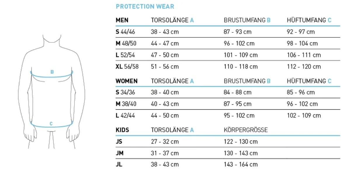 Größentabelle für Evoc Protector Lite Vest Men mit Maßen für Torso, Brust und Hüfte für Erwachsene und Kinder.