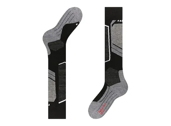 Zwei Falke SK4 Advanced Skiing Kniestrümpfe, Schwarz/Grau, Frontansicht, Detailaufnahme.