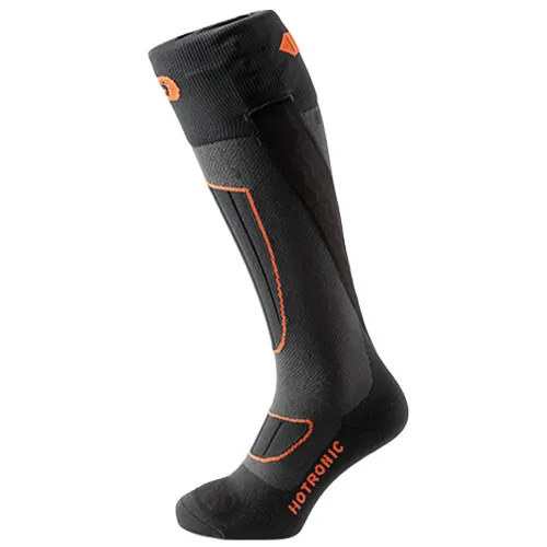 Eine schwarze, knielange BD Heat Sock Surround mit orangen Akzenten und dem Hotronic Logo.