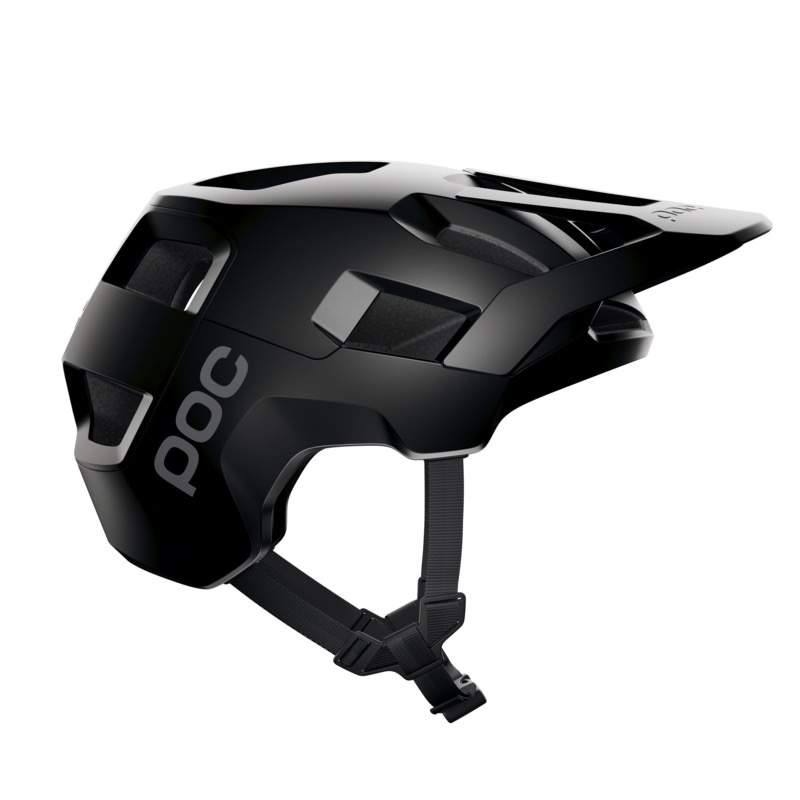 Schwarzer POC Kortal Helm Schwarzer POC Kortal Helm mit Visier, seitliche Ansicht. Helm für Trail und Enduro mit Kinnriemen.