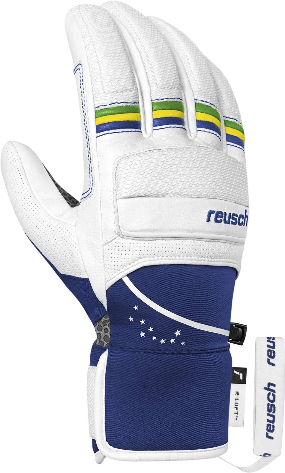 Weiße Reusch-Handschuhe mit blauen, gelben und grünen Streifen an den Fingern. Blauer Teil mit weißen Sternen und einem weißen Reusch-Logo.
