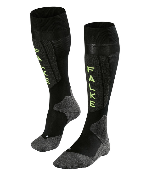 Falke SK5 Kniestrümpfe Zwei schwarze Falke SK5 Herren Skiing Kniestrümpfe, seitlich mit dem Falke Logo in Gelb.