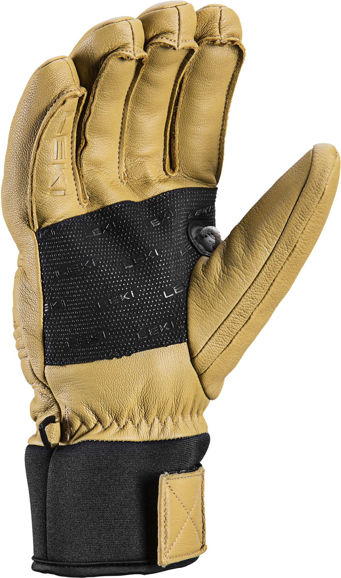 Leki Copper 3D Pro Handschuh in tan/schwarz, Handfläche nach oben, zeigt Leder und Textil Details.