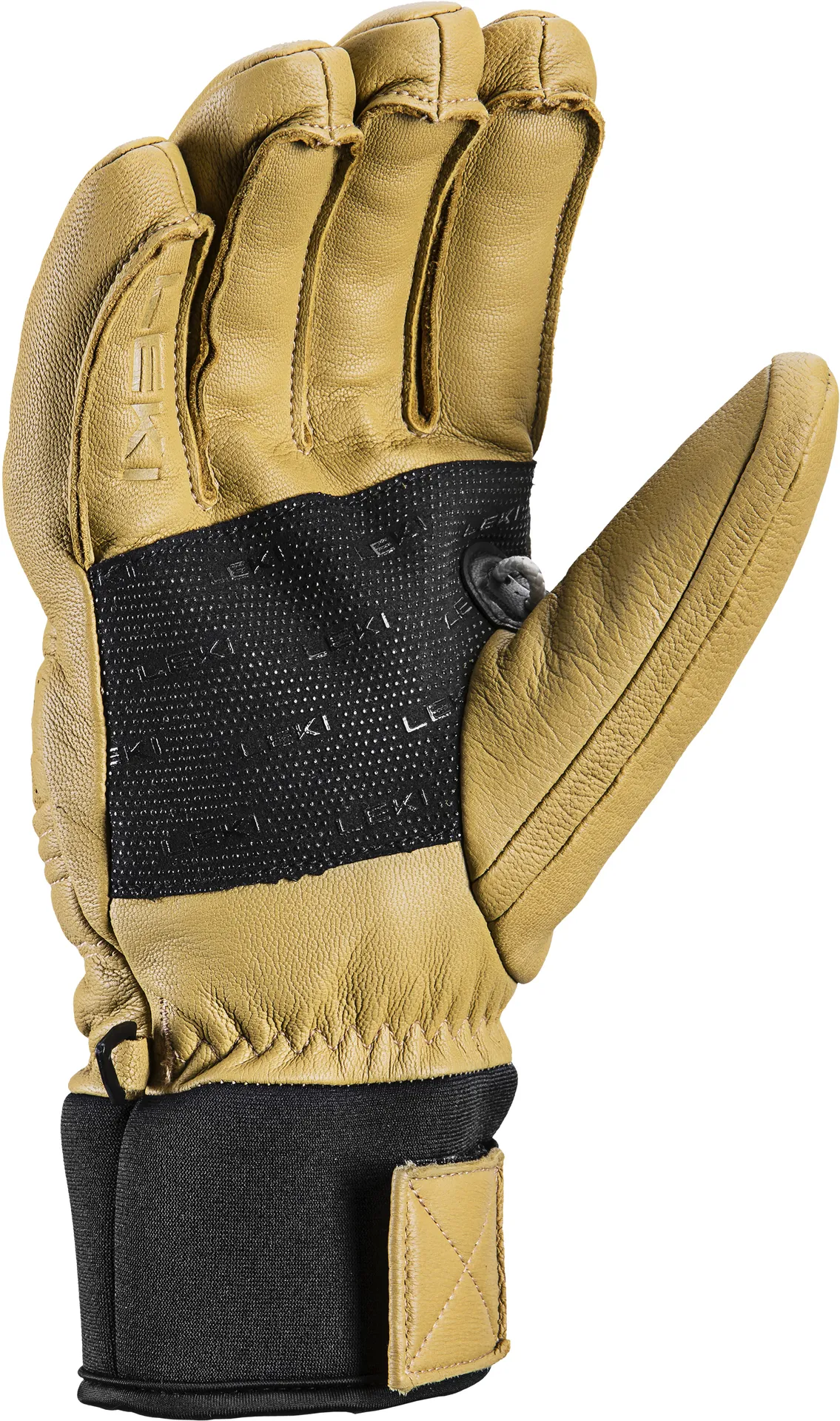 Leki Copper 3D Pro Handschuh in tan/schwarz, Handfläche nach oben, zeigt Leder und Textil Details.