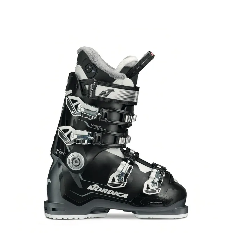 Schwarzer Speedmachine Heat 85 W Skischuh von Nordica, Seitenansicht mit Schnallen und weichem Schaftrand.