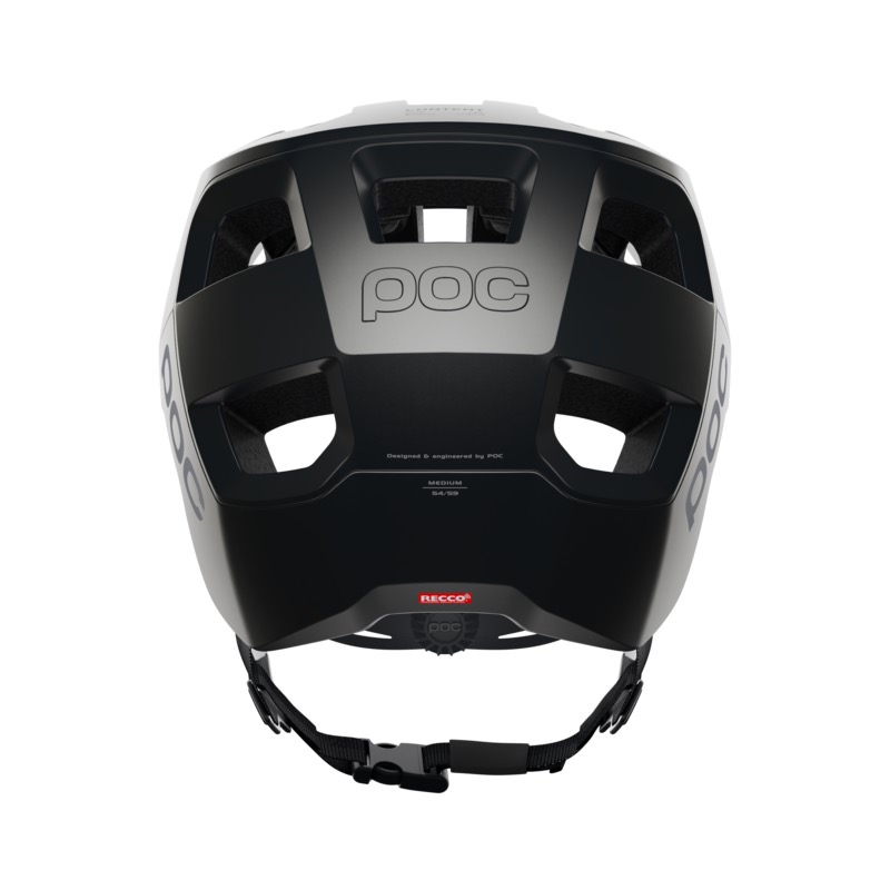 Schwarzer POC Kortal Helm Rückansicht des schwarzen POC Kortal Helms mit Belüftungslöchern und Größenangabe.