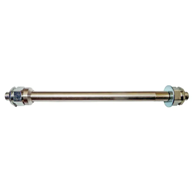 Silberfarbiger Steckachs-Aufnahmeadapter mit Muttern und Unterlegscheiben.