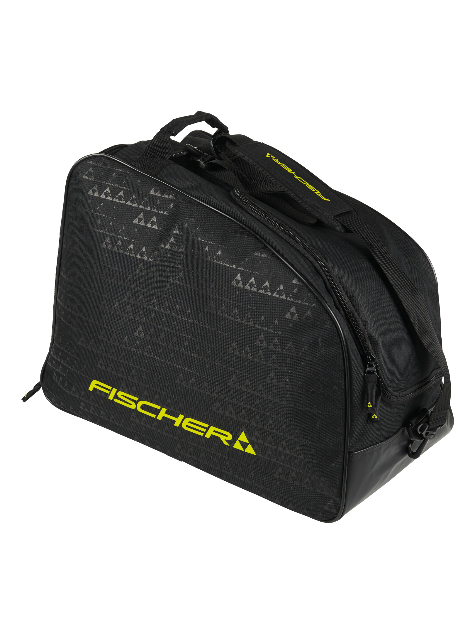 Schwarze Fischer Skischuhtasche mit Tragegriffen und Schultergurt, gelbem Logo und dekorativen Dreiecken.