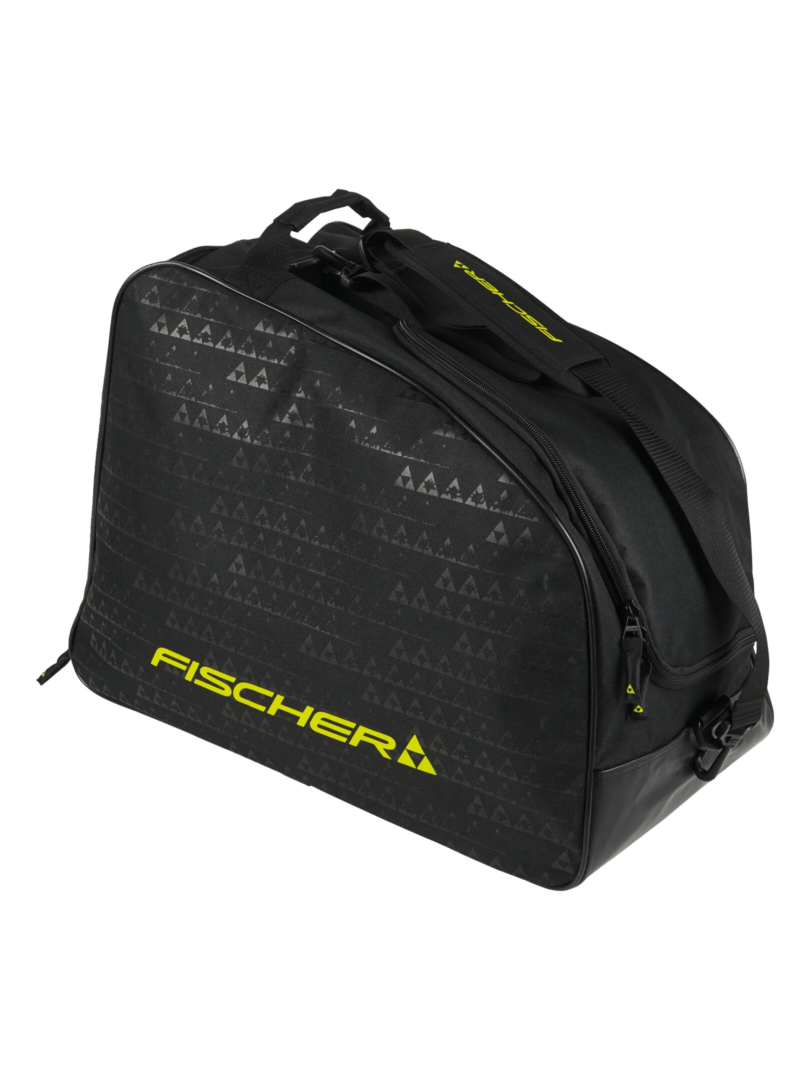 Schwarze Fischer Skischuhtasche mit Tragegriffen und Schultergurt, gelbem Logo und dekorativen Dreiecken.
