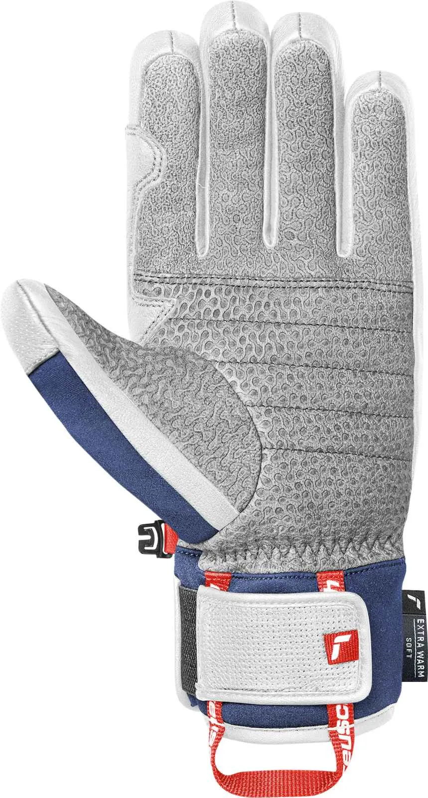 Weißer Ski-Handschuh mit grauer Handfläche und Fingerspitzen, blauen und weißen Akzenten am Handgelenk.