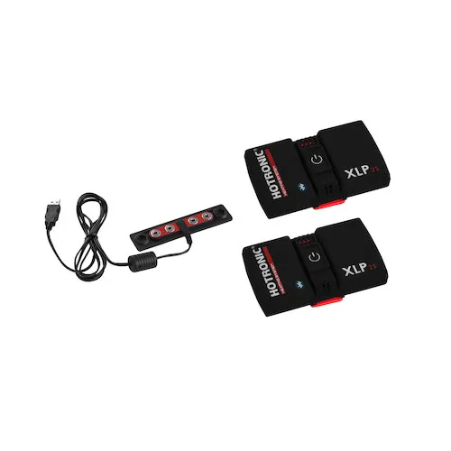 Zwei schwarze HOTRONIC XLP25 Sender-Empfänger mit Ladestation und USB Kabel vor einem weißen Hintergrund.