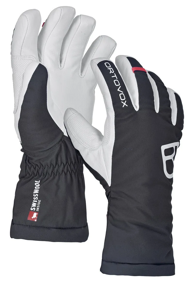 Ortovox Freeride W Handschuh: Zwei Ski-Handschuhe, schwarz mit weißem Leder, seitlich "Ortovox" Schriftzug.