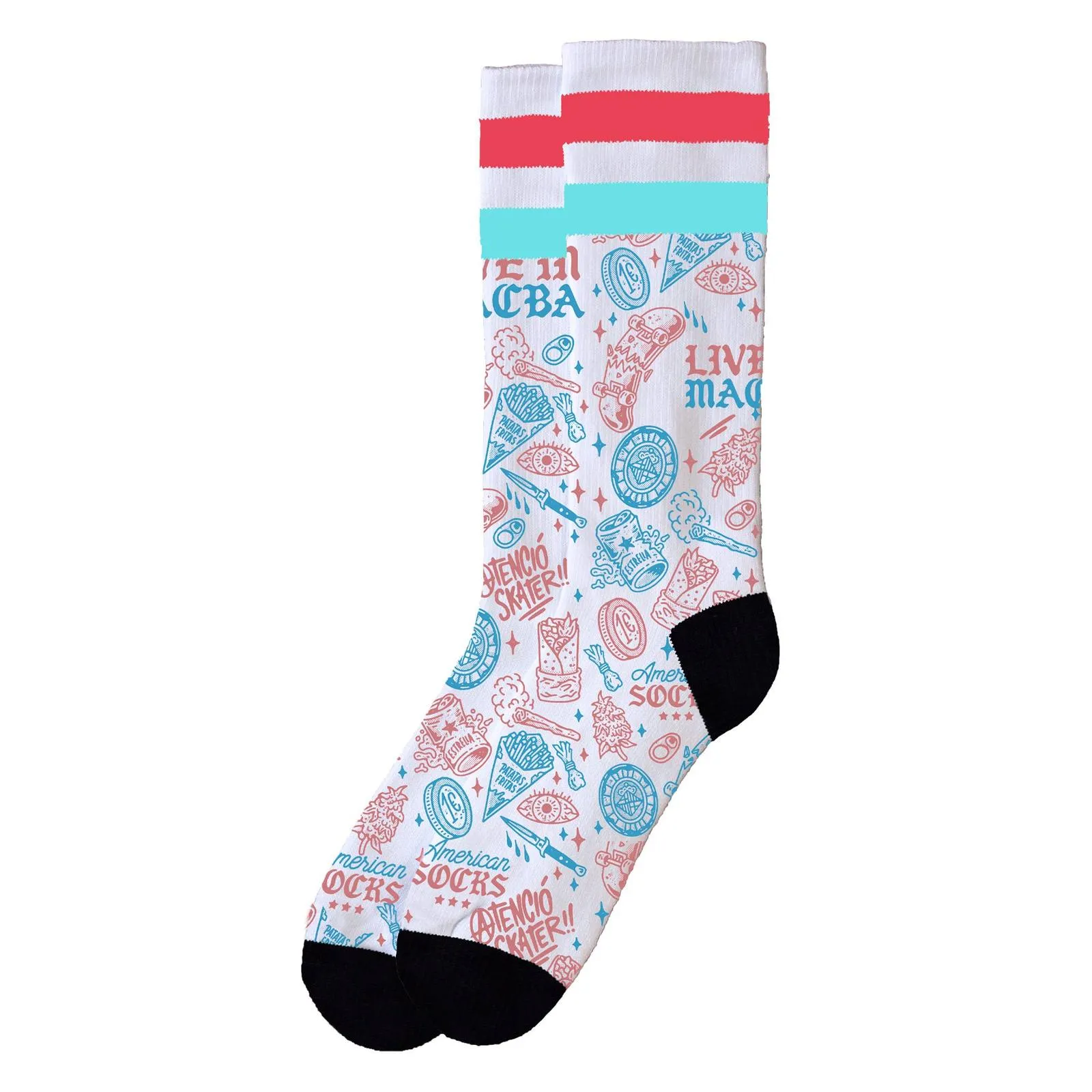 Weiße Skater Socke mit rotem, blauem Streifen und Skateboard Motiven, wie Pommes, Skates und Schriftzügen. Schwarze Ferse und Zehen.