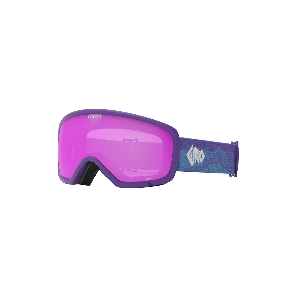 Lila Giro Stomp Flash Goggle mit lila Glas und blauem Band mit Logo.