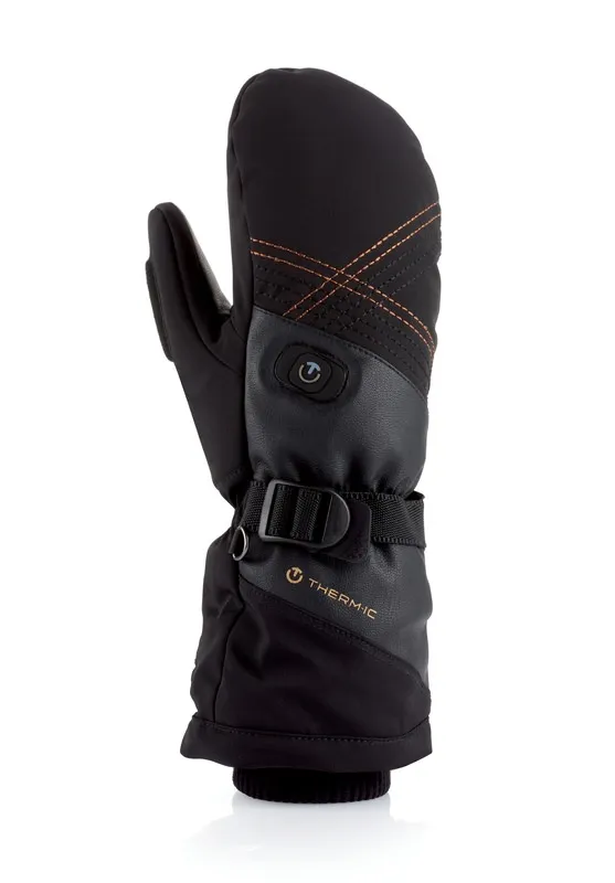 Schwarzer Therm-ic Ultra Heat Mitten Women Fäustling mit Heizstufe, Lederdetails und Kordelzug.