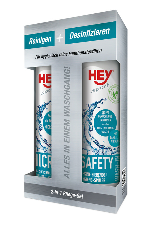Micro Wash & Safety Set Verpackung des Micro Wash & Safety Wash-in Sets mit zwei Flaschen Waschmittel für Textilien.
